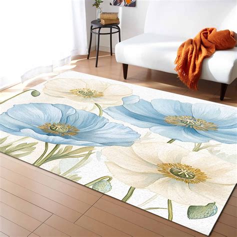 Area Rugs for Living Room, 4'x6' Throw Washable Rug Spring Plants Blue