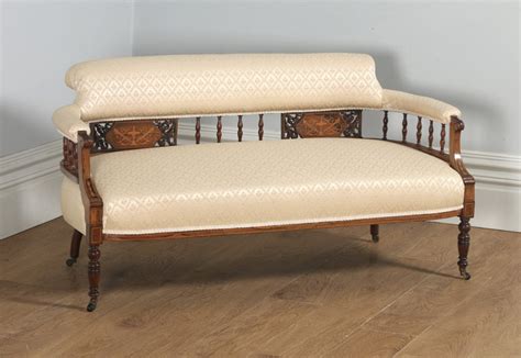 Antique Edwardian Marquetry Inlaid Rosewood Two Seat Salon Sofa Couch