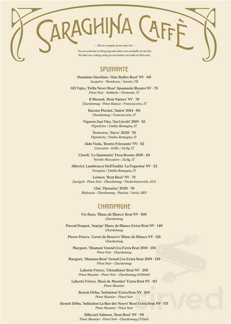 Saraghina Caffè menu in Brooklyn, New York, USA