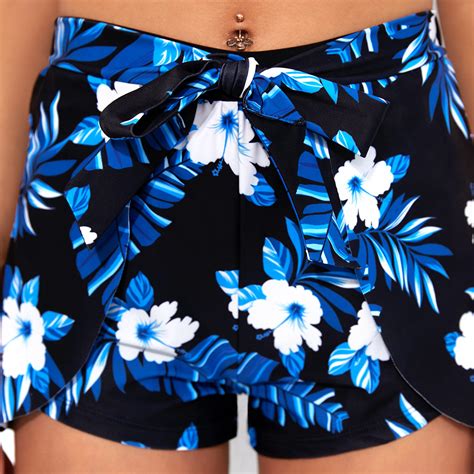 Tropical Print Halter Mid Waist Royal Blue Bikini Set Rosewe