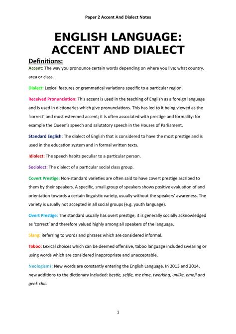 Accent And Dialect Revision Notes ENGLISH LANGUAGE ACCENT AND