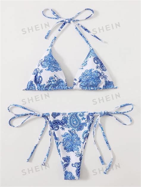 SHEIN Swim Conjunto De Bikini De Piezas Con Sujetador Triangular De Halter Y Tanga Lateral Con
