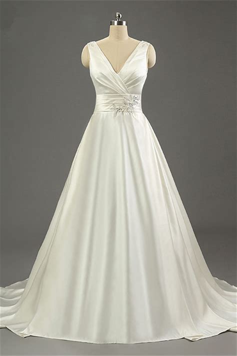 Simple A Line V Neck Open Back Ivory Satin Ruched Wedding Dress