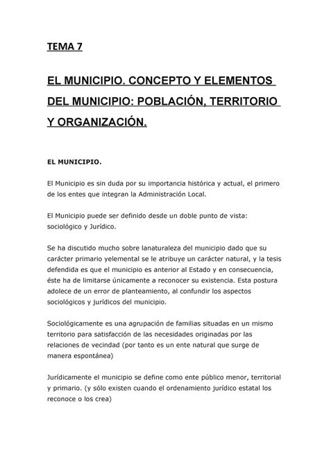 TEMA 7 EL Municipio TEMA 7 EL MUNICIPIO CONCEPTO Y ELEMENTOS DEL