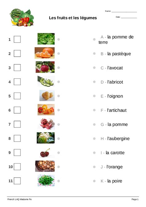 Les Fruits Et Les Légumes Picture Matching Worksheet Quickworksheets