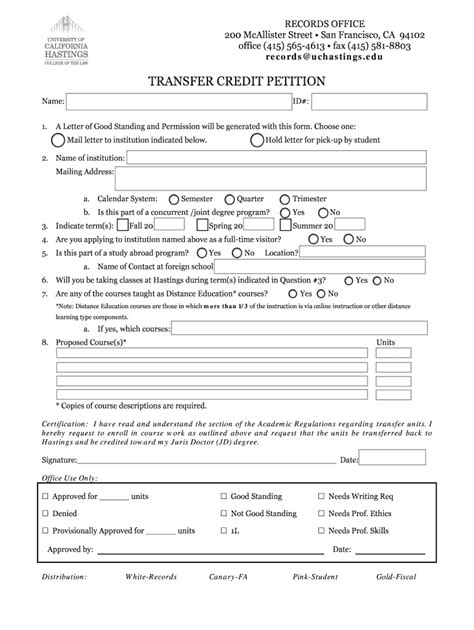 TRANSFER CREDIT PETITION Hastings College Of The Law Form Fill Out