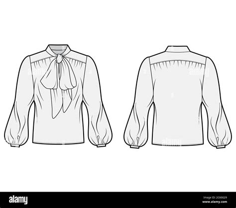 Pussy Bow Blouse Technical Fashion Illustration With Oversized Body Loose Fit Long Bishop