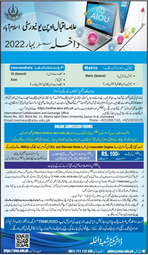 Aiou Admission Spring For Matric Inter Ba Ma Apply Online