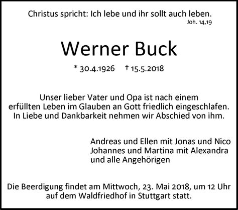 Traueranzeigen Von Werner Buck Stuttgart Gedenkt De