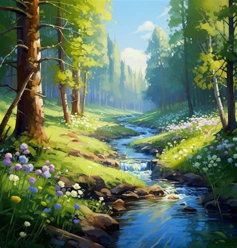 Premium Photo Painting Of A Stream Running Through A Lush Green