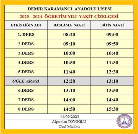 2023 2024 Eğitim Öğretim Yılı Haftalık Ders Programı Demir Karamancı