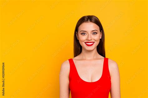 Portrait Of Charming Positive Lady Toothy Beaming Smile Wear Swim Suit