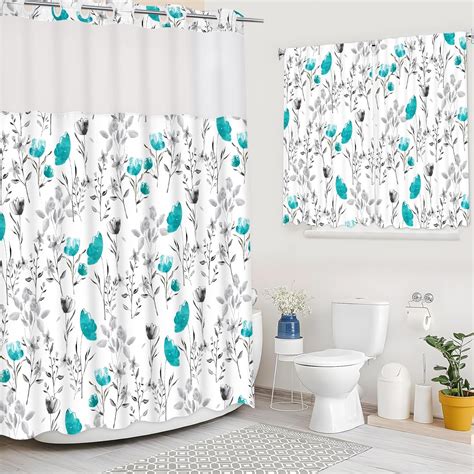 Ikfashoni Hookless Shower Curtain With Snap In Liner And Window Curtain Teal Floral Waterproof