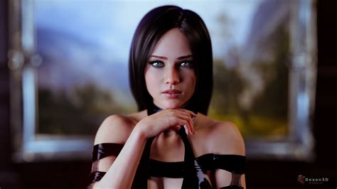 Wallpaper Dexon3d Cgi Women Dark Hair Looking At Viewer Blue