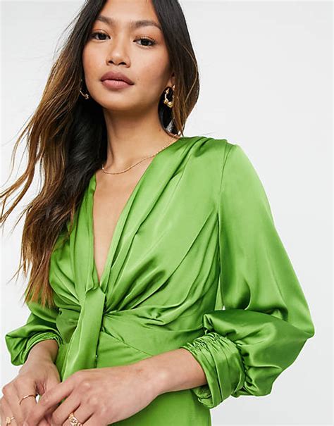 Asos Design Satin Tie Front Midi Dress With Button Detail Sale Online