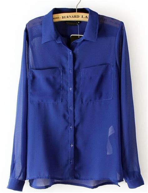 Royal Blue Long Sleeve Twin Pockets Front Semi Sheer Blouse Shein