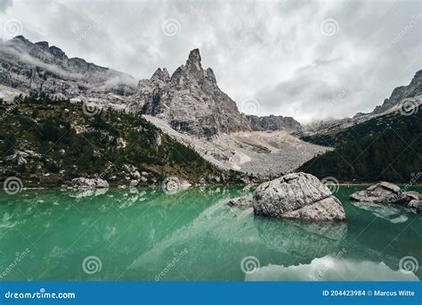 Lago Di Sorapis Lake Sorapis Dolomites Italy Cloudy Stock Photo