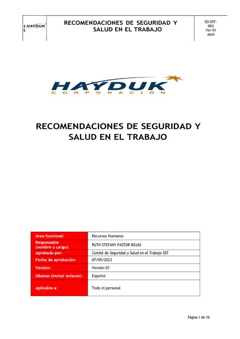 Recomendaciones De Sst Y Trabajo Hayduk Recomendaciones De Seguridad Y Salud En El Trabajo