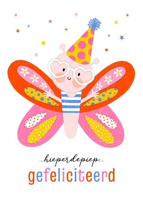 Verjaardagskaart Happy Vlinder Feestmuts Roze Kaartje2go