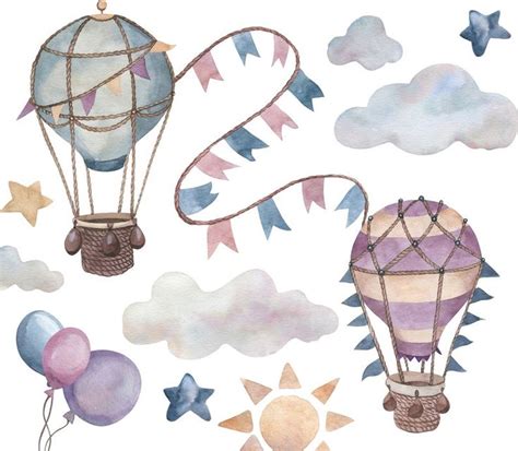Watercolor Painting Of Hot Air Balloons And Stars
