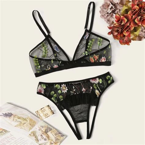 Women Underwear Embroidery Lace Lingerie Set Lace Open Crotch G String Lingerie Floral Lace