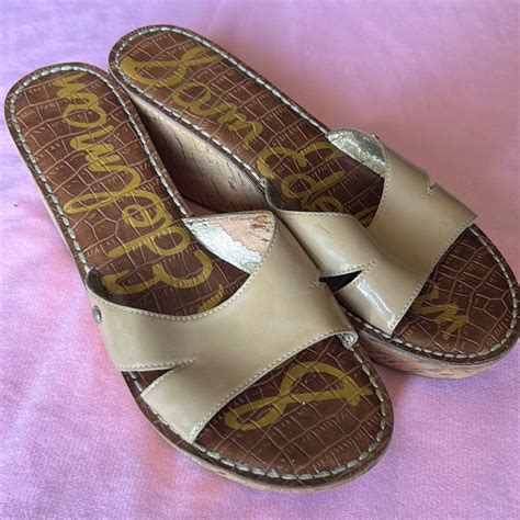 Sam Edelman Shoes Sam Edelman Slip On Slide Sandals Shoes Nude Cork Patent Leather Peep Toes