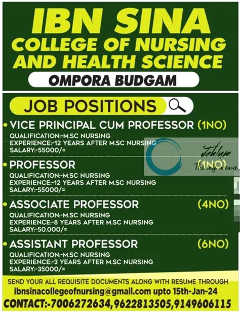 Ibn Sina College Of Nursing And Health Science Ompora Jobs Advertisement 2024 Jehlum The