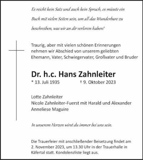 Traueranzeigen Von Hans Zahnleiter Trauerportal Ihrer Tageszeitung