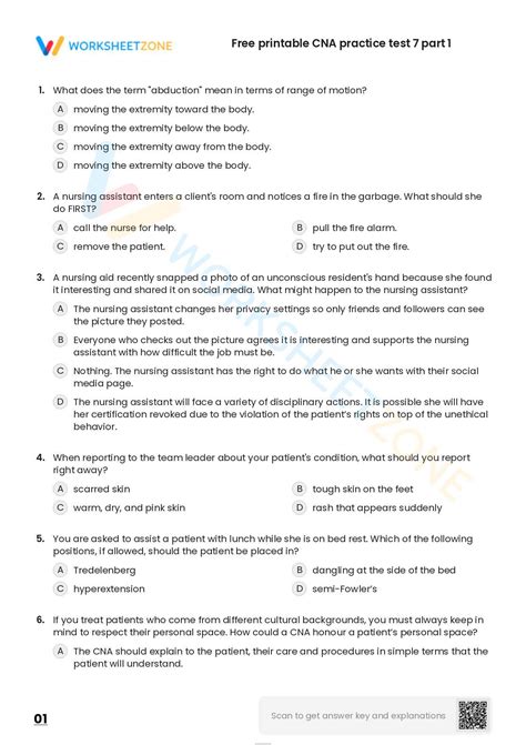 Free Printable CNA Practice Test 7 Part 1 Worksheet