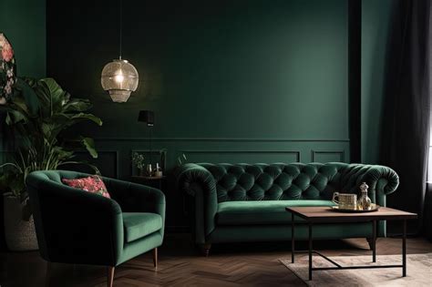 Premium AI Image | A green living room with a dark green sofa and a ...