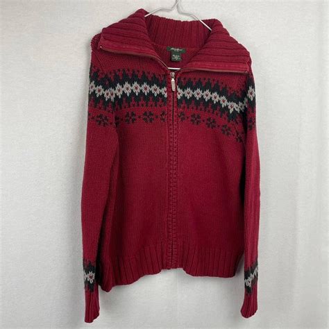 Red Eddie Bauer Fair Isle Full Zip Knit Cardigan Depop