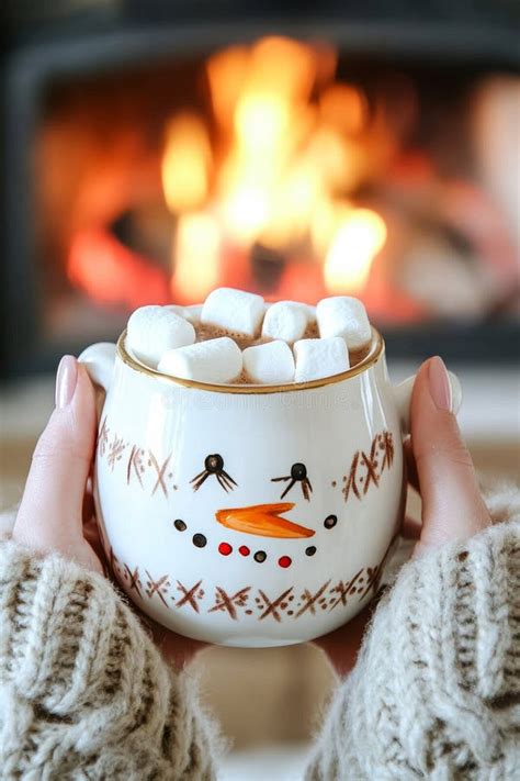 A Close Up Of Two Hands Holding A Cup Of Hot Cocoa With Marshmallows On Which Is A Snowman Face