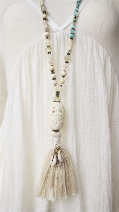 Unique Handmade Boho Necklace With Bone Gems And Silk Tassel