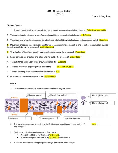 WEEK 4 HW CH 7 Worksheet BIO 181 General Biology TOPIC 2 Name