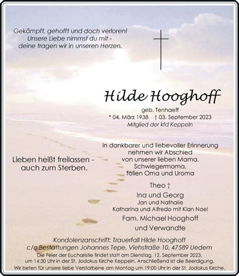 Alle Traueranzeigen F R Hilde Hooghoff Trauer Rp Online De