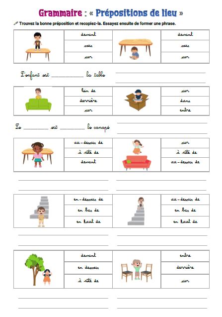 Exercice de grammaire Les prépositions niveau A1 CP CE1