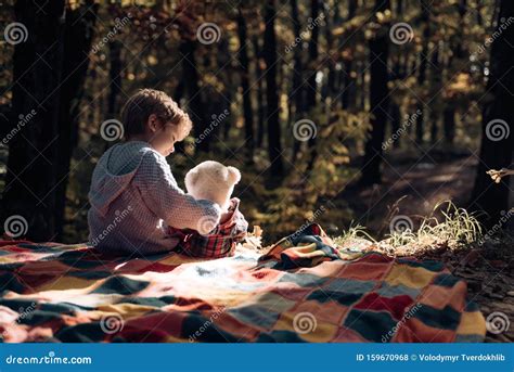 Teddy Infantil Abrazado En El Campo De OtoÃo NiÃo Feliz DivirtiÃ