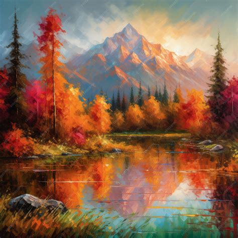 Premium AI Image | A painting of a mountain lake with a mountain in the ...