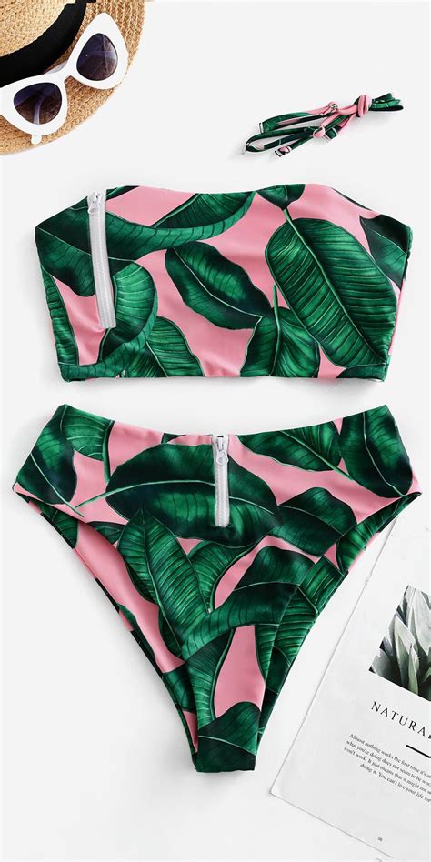 Covered In A Tropical Toned Leaf Pattern The Bandeau Bikini Top Can Be