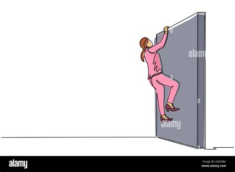 Continuous One Line Drawing Businesswoman Climb Obstacle Wall Solve