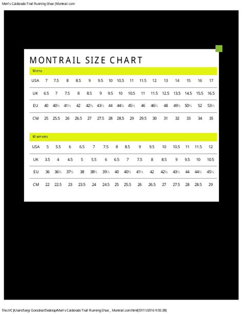 Shoe Size Chart Montrail Download Printable Pdf Templateroller