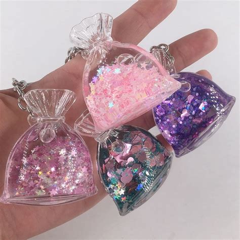 Purple Pink Blue Gold Kawaii Heart Star Glitter Liquid Shaker Pendant Keychain Water Fairy Kei