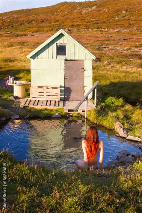 Beautiful Girl Back View Bathing Outside Nude In Hot Spring Natural Geothermal Pool Iceland