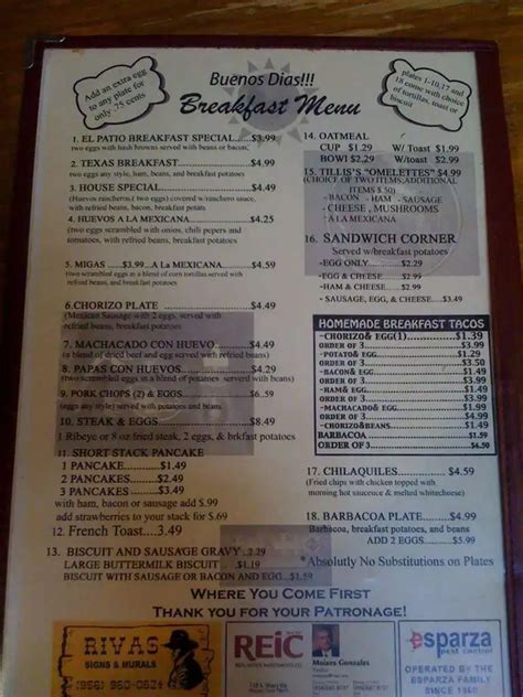 Menu at El Patio Restaurant, Mission