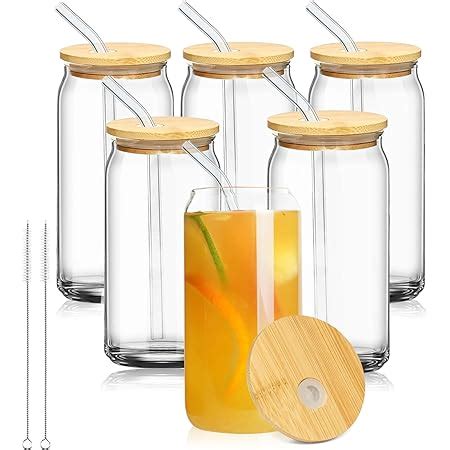 Amazon 6pcs Set Glass Cups With Bamboo Lids And Glass Straw