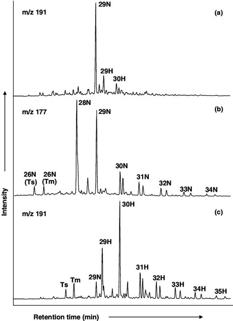 Mass Chromatograms A M Z Displaying Degraded Hopanes And B M Z