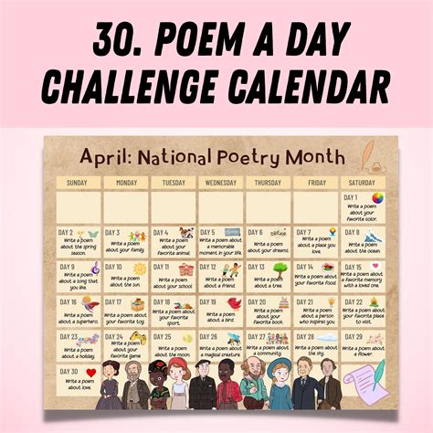 Poem A Day Challenge April Calendar National Poetry Month Creative