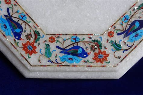 White Marble Corner Table Top Semi Precious Stones Inlay Work Etsy