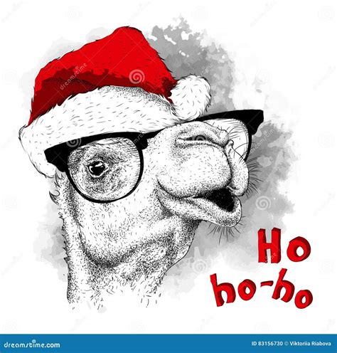 The Christmas Poster With The Image Camel Portrait In Santa`s Hat