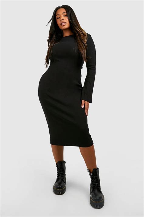 Plus Rib Flare Sleeve Midi Dress Boohoo Uk